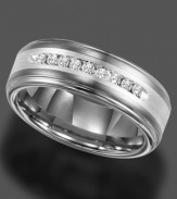 Embrace modern beauty. This polished, men's ring by Triton boasts a comfortable fit and highlights nine, round-cut diamonds (1/4 ct. t.w.). Uniquely set in tungsten carbide and sterling silver inlay. Approximate width: 8 mm. Sizes 8-15.