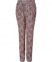 Printed pants are a fashion-favorite must, and By Malene Birgers optical zig-zag pair are an ultra cool choice - Pleated front, side and back slit pockets, elasticized waistline - Easy tapered fit - Team with silk tees and chic ballerinas Printed pants are a fashion-favorite must, and By Malene Birgers optical zig-zag pair are an ultra cool choice - Pleated front, side and back slit pockets, elasticized waistline - Easy tapered fit - Team with silk tees and chic ballerinas