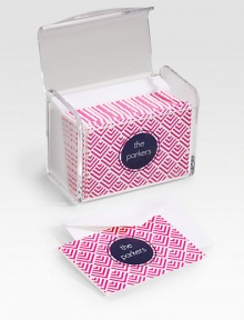 A set made just for you (or someone you love) includes 25 patterned notecards with any name on the front and plenty of room to write inside. Arrives in a convenient Lucite box with coordinating envelopes. Perfect gift idea 5¾W X 4¼H X 3½D Made in USAFOR PERSONALIZATION Select a quantity, then scroll down and click on PERSONALIZE & ADD TO BAG to choose and preview your personalization options. Please allow 2 weeks for delivery.
