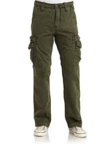 THE LOOKTopstitching detailsBanded waist with belt loopsFront zip with button tab closureSide seam pocketsSide flap cargo pockets with triangle detailBack logo patchBack snap flap pocketsTHE FITRise, about 11Inseam, about 31THE MATERIALCottonCARE & ORIGINMachine washImported