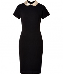 Work a sweet-chic accent into your Little Black Dress collection with Marc by Marc Jacobs round collar knit sheath - Metallic gold button-on round collar with pearl bead and rhinestone embellishment, rounded neckline underneath, short sleeves, metal back zip with flat bow detail - Form-fitting silhouette - Team with flawless pumps and matching metallic accessories