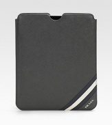Fine saffiano leather with bicolor stripe detail. Nylon lining 8W X 10H Made in Italy 