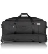 Move on! This durable, high-performance rolling duffel makes an easy science of travel with a structured bottom compartment for shoes & gear and a spacious main compartment with tie-down straps to keep clothes wrinkle-free and secure. Multiple organizer pockets and easy-glide wheels take the hassle out of packing and getting there. 5-year warranty.