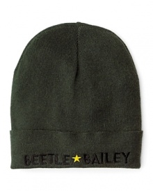 Soft merino wool cap, featuring a cuffed end with embroidered Beetle Bailey lettering. Soft merino wool cap, featuring a cuffed end with embroidered Beetle Bailey lettering.