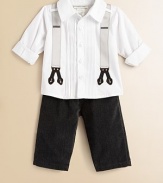 An ultra-handsome ensemble for your little man features a grown-up, button-front dress shirt and coordinating velveteen pants with attached suspenders. Shirt Shirt collarShort cuffed sleevesButton-frontPleated bodice Pants Attached suspendersElastic waistbandAngled front pocketsCottonMachine washImported Please note: Number of buttons may vary depending on size ordered. 