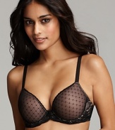 Mesh dotted overlay and floral lace decorate this pretty underwire bra from Wacoal.