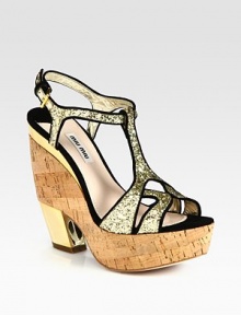 Glitter leather and suede-trimmed straps finished with a natural cork wedge and metallic heel. Cork wedge with metallic heel, 5½ (140mm)Cork platform, 1 (25mm)Compares to a 4½ heel (115mm)Glitter leather and suede upperLeather lining and solePadded insoleMade in Italy Glitter leather and suede-trimmed straps finished with a natural cork wedge and metallic heel. Cork wedge with metallic heel, 5½ (140mm)Cork platform, 1 (25mm)Compares to a 4½ heel (115mm)Glitter leather and suede upperLeather lining and solePadded insoleMade in Italy