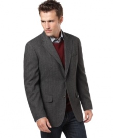 Polish off your casual combos with the sleek, heritage feel of this wool-blend herringbone blazer from Tasso Elba.