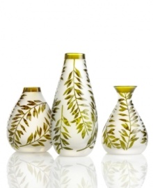 Silhouetted vines unfurl from a band of green on these softly frosted crystal vases, bringing a fresh hint of the outdoors in. Each simply curved shape is etched for earthy allure with or without a few blooms. Qualifies for Rebate Silhouetted vines unfurl from a band of green on these softly frosted crystal vases, bringing a fresh hint of the outdoors in. Each simply curved shape is etched for earthy allure with or without a few blooms. Qualifies for Rebate