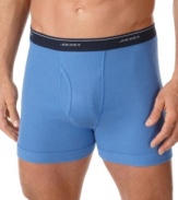 Topping the A-list of comfort, this boxer brief represents the perfect union between your favorite boxers and reliable briefs. With just the right amount of support and tons of cotton comfort you can't go wrong with this pick. Same coverage as a brief with legs extending to the top of the thigh like a boxer. Vertical fly and signature logo waistband provide the best in functional style. Available in larger sizes for the big guy of the family. Classic and refined, fill your drawers with this must-have basic.