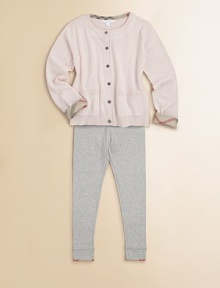 A charming sweater, soft and luxurious, in a blend of cashmere and cotton with check trim.CrewneckLong sleevesButton-frontRibbed cuffs and hem50% cotton/50% cashmereDry cleanImported Please note: Number of buttons may vary depending on size ordered. 
