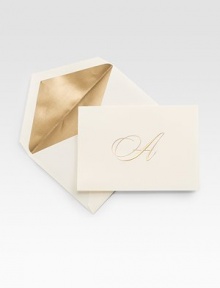 A collection of elegant, classically-detailed notecards are hand-engraved with a single script initial in gold. A thoughtful gift for the newlywed, college grad and every loved one. Includes 40 notecards with matching envelopes High-quality cotton fiber paper Each, 5¾W X 4H Made in USA A collection of elegant, classically-detailed notecards are hand-engraved with a single script initial in gold. A thoughtful gift for the newlywed, college grad and every loved one. Includes 40 notecards with matching envelopes High-quality cotton fiber paper Each, 5¾W X 4H Made in USA