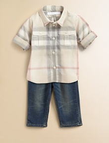 Faded check cotton button-down with tonal stitching and pleated patch pockets.Point collar Buttoned cuffs Cotton Machine wash Imported Faded check cotton button-down with tonal stitching and pleated patch pockets.Point collar Buttoned cuffs Cotton Machine wash Imported