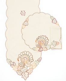 Sewn with autumn leaves, Homewear's Gobble Gobble napkins are what's missing on your harvest table. Scalloped edges create a deceptively delicate look in machine washable polyester. (Clearance)