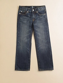 Subtly distressed pockets meet classic fading to create his new favorite jeans.Button closureZip flyFive-pocket styleAdjustable waistbandBelt loopsMetal rivet details Distressed details along pocketsTopstitching on back pocketsCottonMachine washImported Subtly distressed pockets meet classic fading to create his new favorite jeans.Button closureZip flyFive-pocket styleAdjustable waistbandBelt loopsMetal rivet details Distressed details along pocketsTopstitching on back pocketsCottonMachine washImported