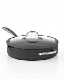 Easy cook, easy go! Perfect for prep, this hard-anodized aluminum vessel features etched interior fill lines that measure dry & wet ingredients to cut the guesswork out of cooking. Plus with convenient pour spouts and a tight-fitting tempered glass lid with silicone rim & built-in drain holes, this sauté pan guarantees less mess & more ease. Lifetime warranty.