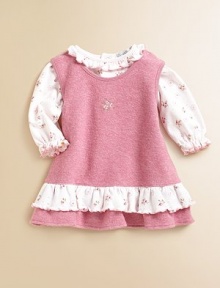 A sweater-soft knit jumper tops a charming floral print jersey body suit in an ensemble for any special occasion.Flared jumper has round neckline with snaps at one shoulder and print and solid ruffles at the hem Long-sleeve bodysuit has ruffled collar and cuffs, back and bottom snaps Cotton Machine wash Imported Please note: Number of snaps may vary depending on size ordered. 