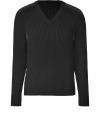 Military-inspired accents add a trend-right flair to this wool sweater from Belstaff - V-neckline, long sleeves, ribbed knit, quilted details at shoulders, grommet side embellishment - Wear with jeans, corduroys, or chinos