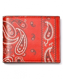 Carry a faux kerchief in your pocket with this cleverly designed bi-fold wallet from Jack Spade. Carry a faux kerchief in your pocket with this cleverly designed bi-fold wallet from Jack Spade.