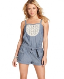 High-level cute is in full effect on this chambray romper, thanks to a knitted bib design and chic belted style! From Jessica Simpson! High-level cute is in full effect on this chambray romper, thanks to a knitted bib design and chic belted style! From Jessica Simpson!