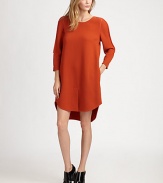 Front slit and an unexpected hi-lo hem restore this lightweight wool dress with pure silk trim. CrewneckThree-quarter sleevesFront slitHi-lo hemAbout 23 from natural waistBody: Wool; Contrast: SilkDry cleanImported of Italian fabricModel shown is 5'9 (176cm) wearing US size 4.