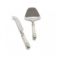 Hand made handles in sand-casted aluminum decorated with our trademark blend of enamel infused with crushed mother of pearl. Framed with hand cut inlaid Mother of Pearl mosaic borders. Cheese Slicer and Knife blade made in stainless steel for easy care. No two will be alike. Pair the serving set with Classic Cheese Tray for a stunning serving set. Food safe.
