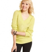 Heat things up in a JJ Basics sweater made cozy with thick ribbed trims and a chunky knit design.