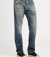 Generous fading and distressing lends a relaxed-cool edge to this modern fit, which is loose and slouchy in the hip while slightly tapered in the leg.Five-pocket styleInseam, about 33CottonMachine washMade in USA