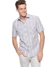 Freshen up with this crisp, slim-fit plaid shirt from Alfani Red that's sure to make you feel fine.