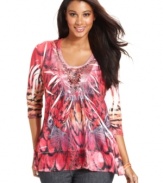 Punch up your casual look with One World's sublimated-print plus size top!