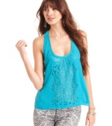 Go fun by day in Eyeshadow's sequin-embellished, laser cutout tank top!
