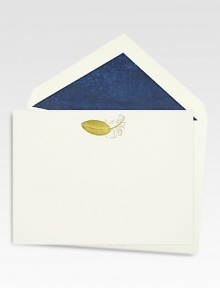 A hand-engraved, gold metallic feather motif adorns these luxe 2-ply vellum stock notecards, which are accompanied by tissue-lined envelopes.Set of 10About 4 X 5.5Hand-engravedMade in USA
