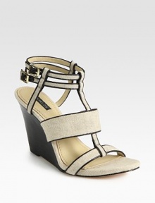 Textured linen t-strap design with leather trim, adjustable ankle straps and a stacked wedge. Stacked wedge, 4 (100mm)Linen and leather upperLeather lining and solePadded insoleImportedOUR FIT MODEL RECOMMENDS ordering true size. Textured linen t-strap design with leather trim, adjustable ankle straps and a stacked wedge. Stacked wedge, 4 (100mm)Linen and leather upperLeather lining and solePadded insoleImportedOUR FIT MODEL RECOMMENDS ordering true size.