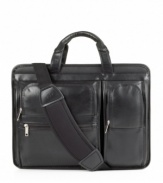 Two compartments are better than one. This handsome over-the-shoulder carry case, constructed of supple full-grain cowhide leather, features a spacious main compartment with accordion file for document organization and a padded area to protect your laptop from everyday bumps and bruises. A set of organizer pockets line the front face for easy access to accessories and other essentials. One-year limited warranty.