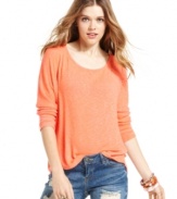 American Rag proves that hot style can be comfy too with this marled-knit, three-quarter sleeve top! Sports a revealing back cutout for a bit of attitude.