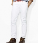 Constructed for a relaxed, classic fit in whitewashed denim, this sleek modern jean is finished with subtle creasing at the points of wear for a hint of well-worn comfort.
