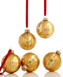 Simply brilliant, Martha Stewart Collection Christmas ornaments will be an annual favorite in glass that's striped and spotted with brilliant gold glitter. Simply brilliant, Martha Stewart Collection Christmas ornaments will be an annual favorite in glass that's striped and spotted with brilliant gold glitter.