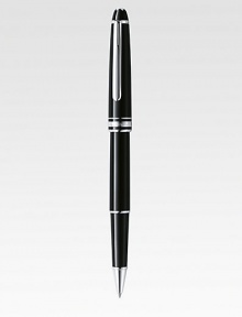 Classic Rollerball, with barrel and cap made of precious resin and floating logo emblem.RollerballPlatinum-plated clipResin with inlaid logo emblemUses Rollerball/Fineliner refillsAbout 5½ longMade in Germany