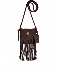 Work a note of retro-chic into your casual daytime look with Ralph Lauren Collections suede fringed crossbody bag - Flap-over with engraved flower closure, laced trim, knotted sides, luggage tag, inside back wall pocket - Wear with casual looks for running errands, or dress up for cocktails with sheaths and ankle boots Work a note of retro-chic into your casual daytime look with Ralph Lauren Collections suede fringed crossbody bag - Flap-over with engraved flower closure, laced trim, knotted sides, luggage tag, inside back wall pocket - Wear with casual looks for running errands, or dress up for cocktails with sheaths and ankle boots