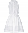 Lovely white corded sleeveless dress from Ermanno Scervino - Add feminine whimsy to a day look or date night ensemble with this sweet dress - Sleeveless, folded collar, pintuck front detail, front button packet, tie detail at waist, full skirt with embroidered detail - Pair with a shawl cardigan, wedge pumps, and a shopper tote