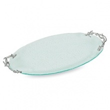 Inspired by the sparkling clarity of the ocean's surface, this oval glass platter will make the perfect centerpiece at your next seafood-centric party. The handles are nickel plate coral branches.