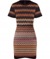 Artfully crafted in one of Missonis signature zigzag knits, this grey and orange wool and viscose dress lends eye-catching elegance to any wardrobe - Feminine, curve-contouring silhouette - Bodice features a round neck, short sleeves and decorative waist-cinching trim - Slim skirt features a curved, cut out hem - Zips at back - Easily transitions from the office to evenings out - Pair with a cropped jacket and leather boots, ankle booties or heels