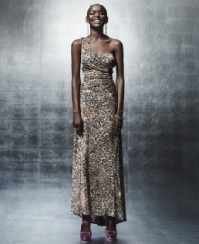 Look fierce & fashion-forward in this attention-commanding Morgan & Co. sequined & leopard-printed long gown -- chain hardware details add edge! Look fierce & fashion-forward in this attention-commanding Morgan & Co. sequined & leopard-printed long gown -- chain hardware details add edge!