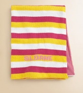 Stripes on the front, solid on the back and remarkably soft all over...this modern baby blanket is sure to be a new forever favorite. CottonMachine washMade in USAFOR PERSONALIZATION Select a quantity, then scroll down and click on PERSONALIZE & ADD TO BAG to choose and preview your personalization options. Please allow 4-6 weeks for delivery. 