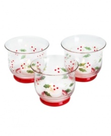 Etched and painted with a festive pattern of holly and berries, the Winterberry votive candle holders from Pfaltzgraff make a merry impression in any holiday home. (Clearance) Etched and painted with a festive pattern of holly and berries, the Winterberry votive candle holders from Pfaltzgraff make a merry impression in any holiday home. (Clearance)