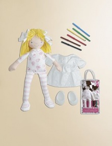 With this fun, portable kit, kids can color Carla's body, dress and shoes as they choose, then wipe it all off and do it again. 16 doll with yarn hair Includes removable dress, shoes and 6 markers in a clear carry tote Tyvek with polyfill Imported Recommended for ages 3 and up With this fun, portable kit, kids can color Carla's body, dress and shoes as they choose, then wipe it all off and do it again. 16 doll with yarn hair Includes removable dress, shoes and 6 markers in a clear carry tote Tyvek with polyfill Imported Recommended for ages 3 and up