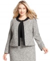 Ladylike tweed and elegant black trim combine to create a refined plus size jacket from Kasper. Wear it with the coordinating skirt or wear it to add texture to a classic sheath dress. (Clearance)