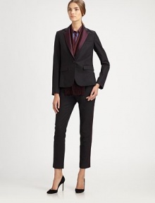 Crisply tailored from finespun Italian wool, this tuxedo-inspired style is accented with colorful silk trim.Self waistband with silk button-tab detailsZip fly with tab closureSilk side trimBack welt pocket with single button detailSilk liningInseam, about 3097% wool/3% elastaneDry cleanMade in USA of Italian fabricModel shown is 5'10 (177cm) wearing US size 4. Crisply tailored from finespun Italian wool, this tuxedo-inspired style is accented with colorful silk trim.Self waistband with silk button-tab detailsZip fly with tab closureSilk side trimBack welt pocket with single button detailSilk liningInseam, about 3097% wool/3% elastaneDry cleanMade in USA of Italian fabricModel shown is 5'10 (177cm) wearing US size 4.