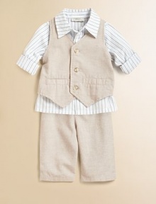 Your little man will look all grown up in this sophisticated set that includes a classic vest, striped shirt and matching pants for a polished ensemble. Vest V-neckSleevelessButton front Shirt Shirt collarLong sleevesButton front Pants Elastic waistbandShirt & Vest: CottonPants: 78% cotton/22% linenMachine washImported Please note: Number of buttons may vary depending on size ordered. 