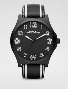 A bold style in blackened stainless steel and supple leather. Quartz movementWater resistant to 5 ATMRound blackened stainless steel case, 43mm (1.7)Logo accented bezelBlack dialNumeric hour markersSecond hand Printed black leather strapImported
